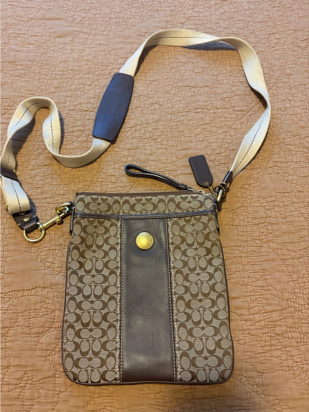 Coach Brown Khaki Signature Canvas Crossbody with Cream Strap
